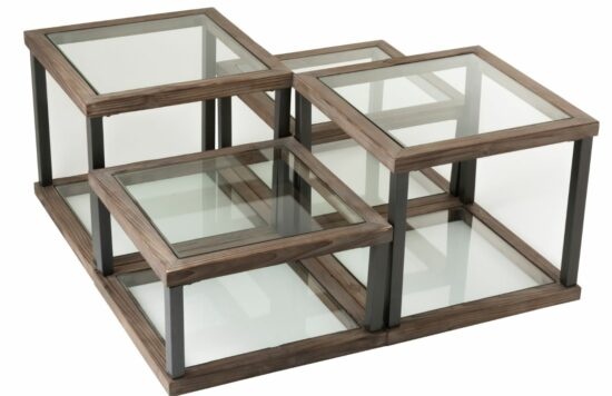 Set čtyř hnědých dřevěných konferenčních stolků J-line Wiola se skleněnými deskami