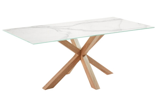 Bílý keramický jídelní stůl Kave Home Argo 200 x 100 cm s přírodní kovovou podnoží